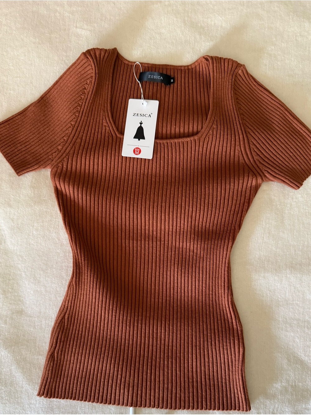 Zesica Rust Ribbed Square-Neck Short Sleeve Top